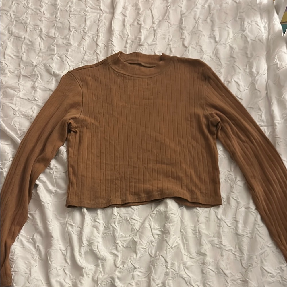 American Eagle Women's Rust Orange Cropped Long-Sleeve Top with High Neckline